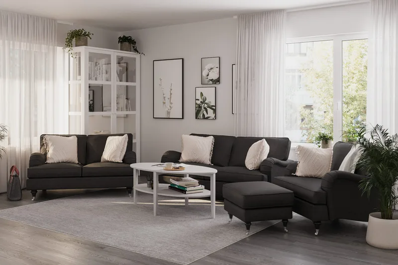 Howard Classic Sofagruppe 2-seters + Liten 2-seters Sofa + Lenestol + Fotskammel i Stoff - Mørk grå - Møbler - Sofaer - Sofagrupper - Howard sofagruppe