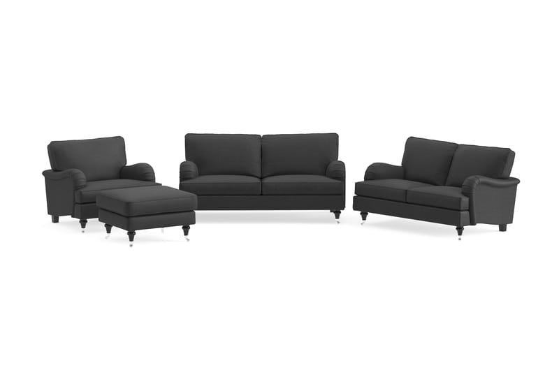 Howard Classic Sofagruppe 2-seters + Liten 2-seters Sofa + Lenestol + Fotskammel i Stoff, Mørk grå