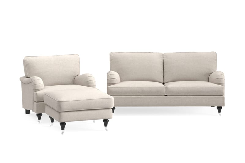 Howard Classic Sofagruppe 2-seters Sofa + Lenestol + Fotskammel i Stoff, Beige