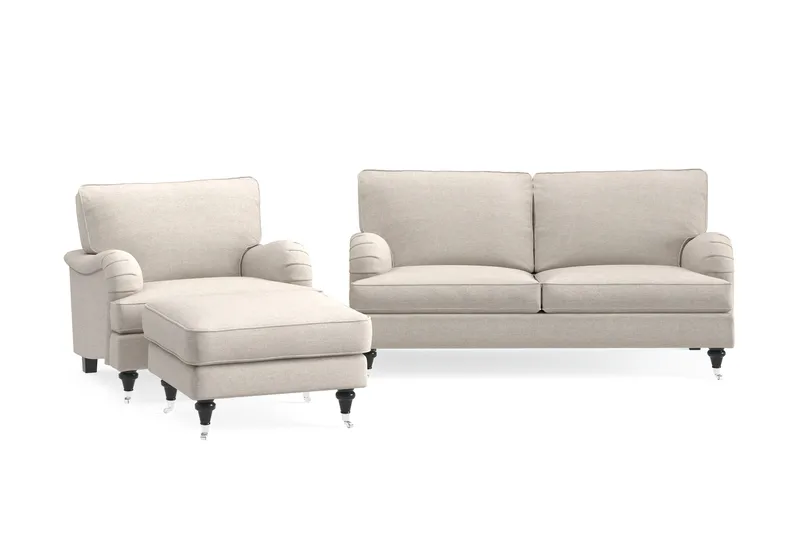 Howard Classic Sofagruppe 2-seters Sofa + Lenestol + Fotskammel i Stoff, Beige