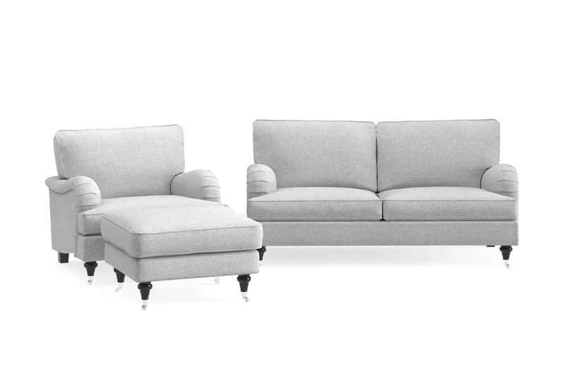 Howard Classic Sofagruppe 2-seters Sofa + Lenestol + Fotskammel i Stoff, Grå