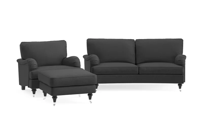 Howard Classic Sofagruppe 2-seters Svingt Sofa + Lenestol + Fotskammel i Stoff, Mørk grå