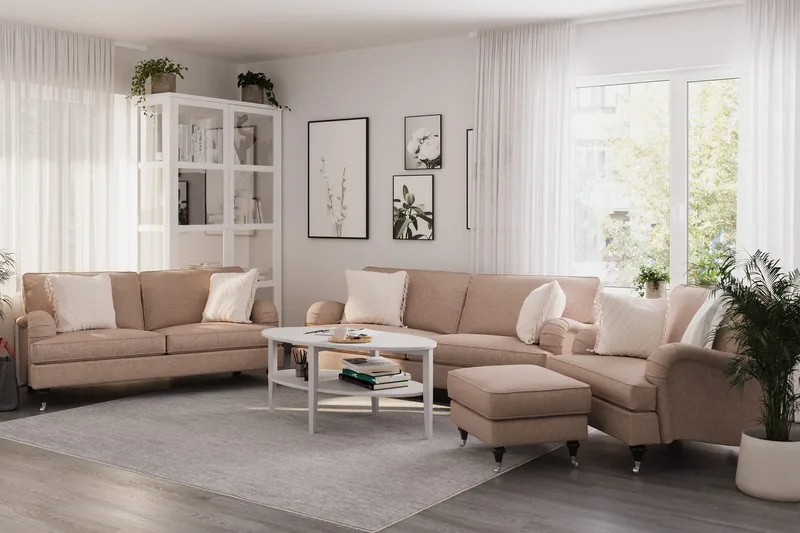 Howard Classic Sofagruppe 3-seters + 2-seters Sofa + Lenestol + Fotskammel i Stoff - Mørk beige - Møbler - Sofaer - Sofagrupper - Howard sofagruppe
