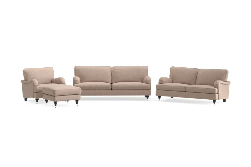 Howard Classic Sofagruppe 3-seters + 2-seters Sofa + Lenestol + Fotskammel i Stoff, Mørk beige
