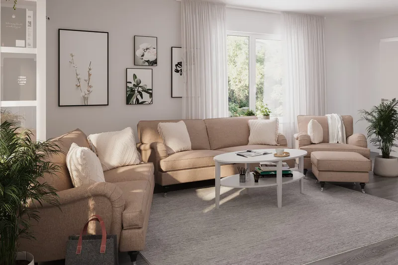 Howard Classic Sofagruppe 3-seters + 2-seters Sofa + Lenestol + Fotskammel i Stoff - Mørk beige - Møbler - Sofaer - Sofagrupper - Howard sofagruppe