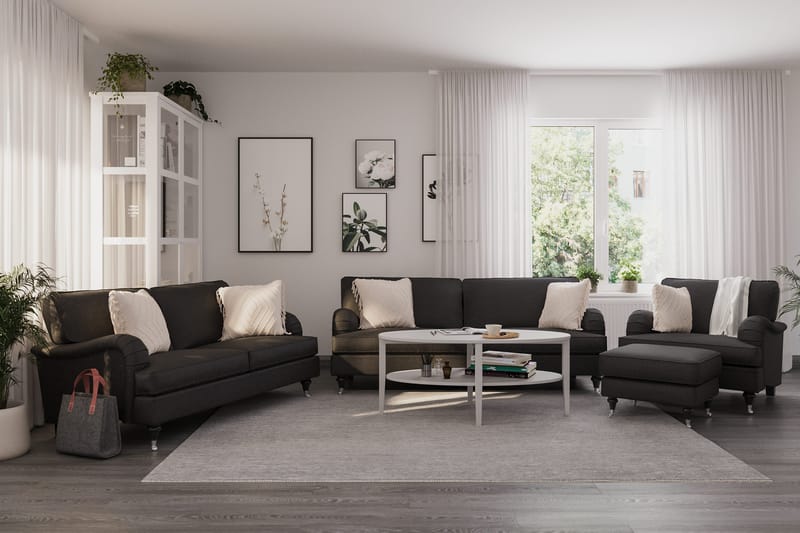 Howard Classic Sofagruppe 3-seters + 2-seters Sofa + Lenestol + Fotskammel i Stoff - Mørk grå - Møbler - Sofaer - Sofagrupper - Howard sofagruppe