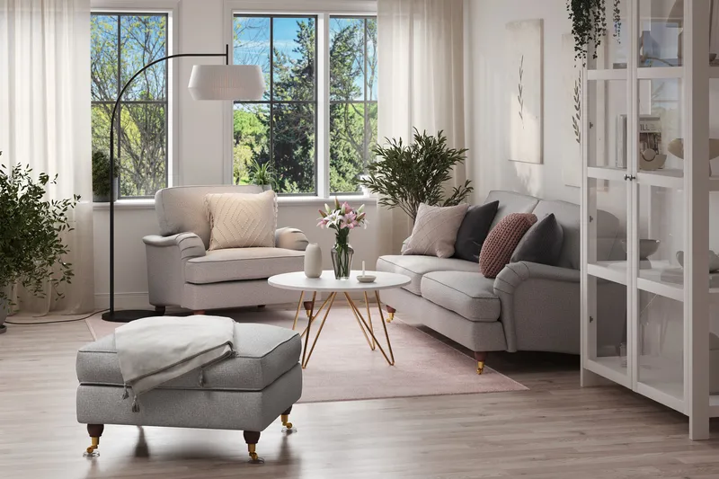 Howard Lyx Sofagruppe 3-seters Sofa + Lenestol + Fotskammel i Stoff - Lys grå - Møbler - Sofaer - Sofagrupper - Howard sofagruppe