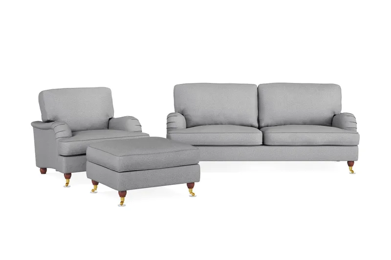 Howard Lyx Sofagruppe 3-seters Sofa + Lenestol + Fotskammel i Stoff, Lys grå