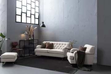 Howard Riviera Sofagruppe 3-seters + 2-seters Sofa + Lenestol + Fotskammel i Stoff - Lys grå - Møbler - Sofaer - Sofagrupper - Howard sofagruppe