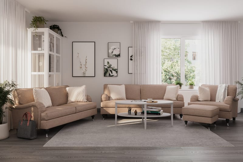 Sofagruppe Oxford Classic 3,5+3-seter+Lenestol+Fotskammel - Mørk beige - Howard sofagruppe - Sofagrupper