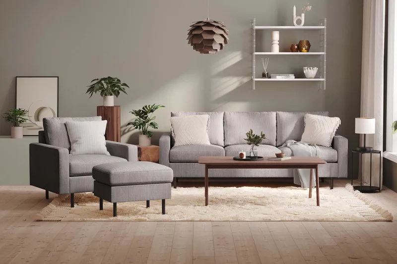 Peppe Sofagruppe 3-seter Sofa + Lenestol + Fotskammel i Manchester - Grå - Møbler - Sofaer - Sofagrupper