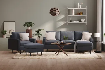 Peppe Sofagruppe 3-seter Vendbar L-formet Divansofa + Lenestol + Fotskammel i Stoff - Mørk grå - Møbler - Sofaer - Sofagrupper