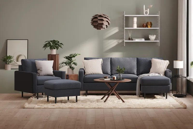 Peppe Sofagruppe 3-seter Vendbar L-formet Divansofa + Lenestol + Fotskammel i Stoff - Mørk grå - Møbler - Sofaer - Sofagrupper