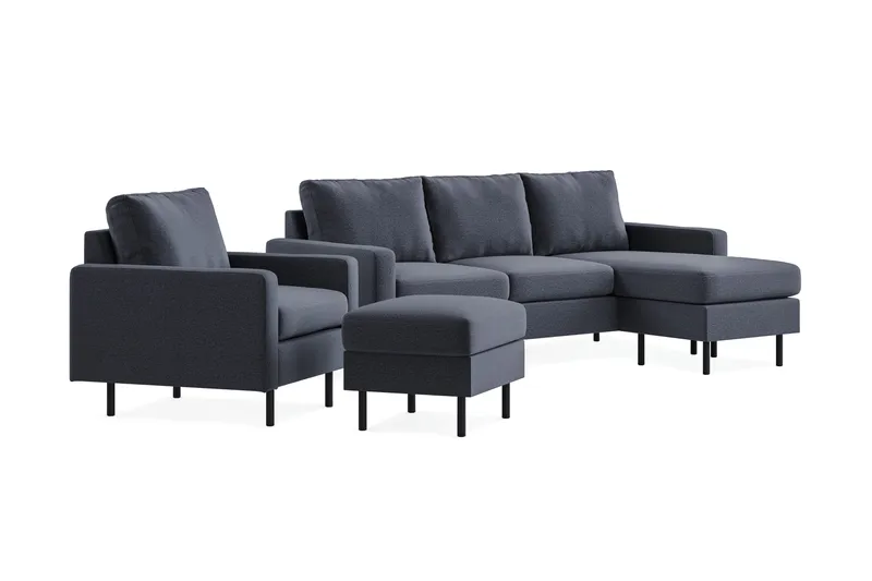 Peppe Sofagruppe 3-seter Vendbar L-formet Divansofa + Lenestol + Fotskammel i Stoff - Mørk grå - Møbler - Sofaer - Sofagrupper