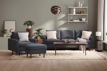 Peppe Sofagruppe 3-seters Sofa + Lenestol + Fotskammel i Stoff - Mørk grå - Møbler - Sofaer - Sofagrupper