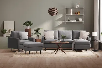 Peppe Sofagruppe 3-seters Vendbar L-formet Sjeselongsofa + Lenestol + Fotskammel i Stoff - Lys grå - Møbler - Sofaer - Sofagrupper