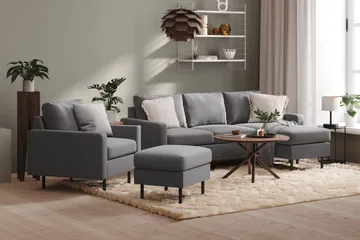 Peppe Sofagruppe 3-seters Vendbar L-formet Sjeselongsofa + Lenestol + Fotskammel i Stoff - Lys grå - Møbler - Sofaer - Sofagrupper