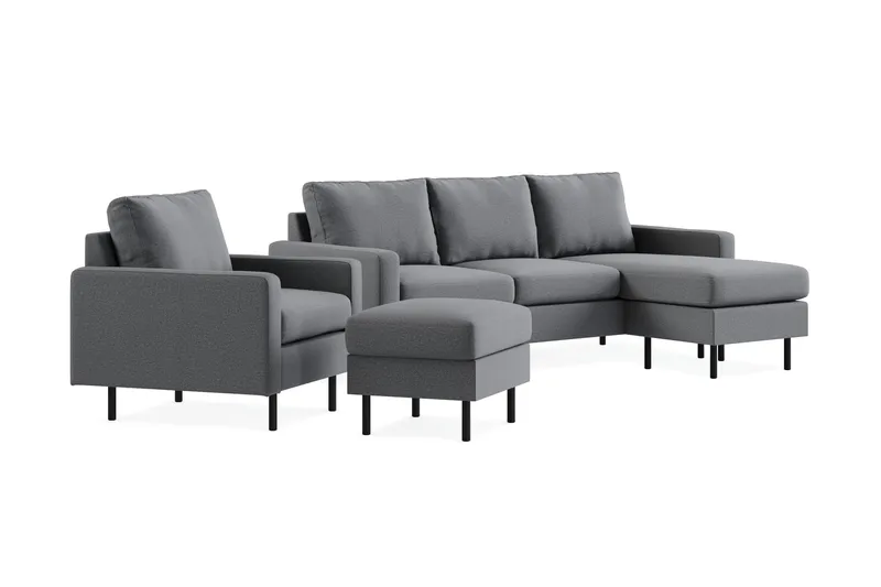 Peppe Sofagruppe 3-seters Vendbar L-formet Sjeselongsofa + Lenestol + Fotskammel i Stoff - Lys grå - Møbler - Sofaer - Sofagrupper