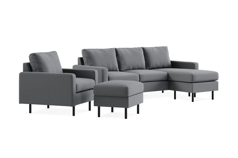 Peppe Sofagruppe 3-seters Vendbar L-formet Sjeselongsofa + Lenestol + Fotskammel i Stoff - Lys grå - Møbler - Sofaer - Sofagrupper