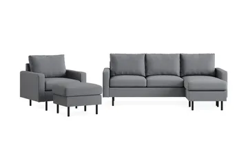 Peppe Sofagruppe 3-seters Vendbar L-formet Sjeselongsofa + Lenestol + Fotskammel i Stoff - Lys grå - Møbler - Sofaer - Sofagrupper