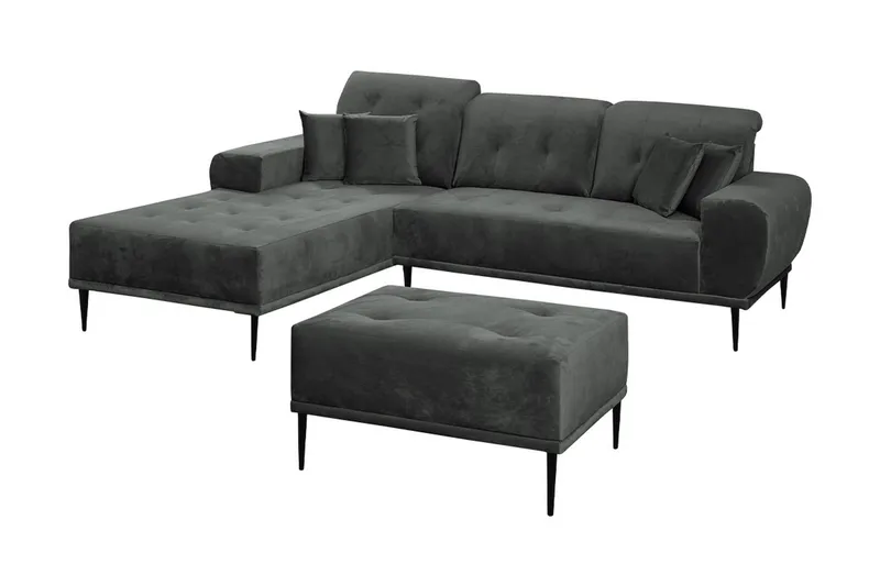 Rapale Sofagruppe Venstre med Fotskammel, Fløyel/Lysegrå/Svart