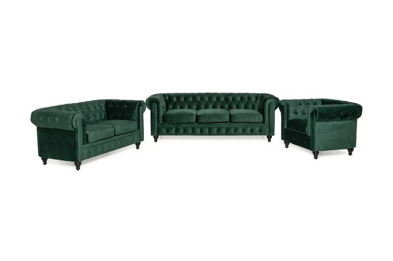 Chesterfield Luksus Sofagruppe 3+2+1 i Fløyel, Grønn