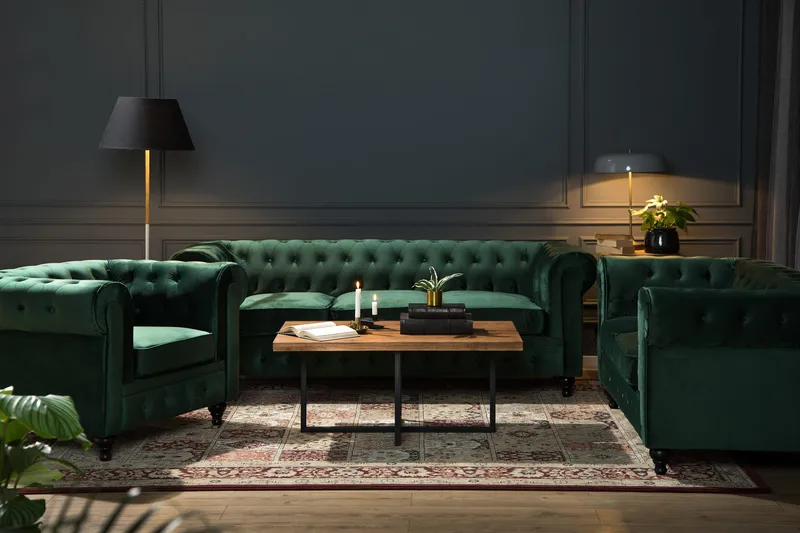 Chesterfield Luksus Sofagruppe 3+2+1 i Fløyel - Grønn - Møbler - Sofaer - Sofagrupper - Sofagruppe 3 2 1