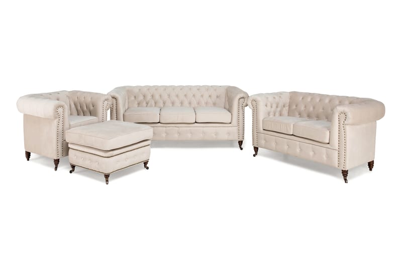 Sofagruppe Chester Deluxe 3+2+Lenestol+Fotskammel Fløyel - Beige - Howard sofagruppe - Sofagrupper