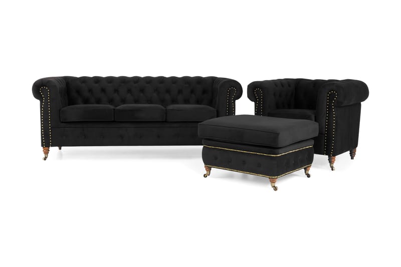 Sofagruppe Chester Deluxe 3-seter+Lenestol+Fotskammel Fløyel - Svart - Chesterfield sofagruppe - Sofagrupper