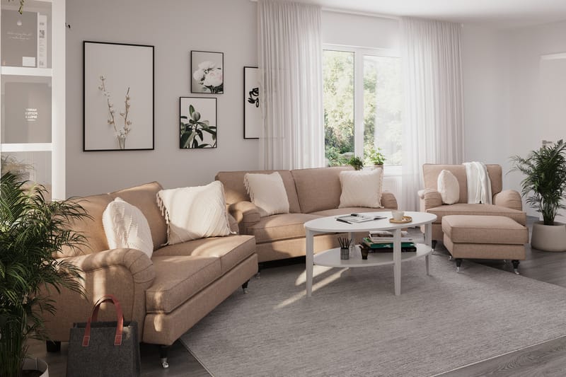 Sofagruppe Oxford Classic 3+2-seter+Lenestol+Fotskammel - Mørk beige - Howard sofagruppe - Sofagrupper