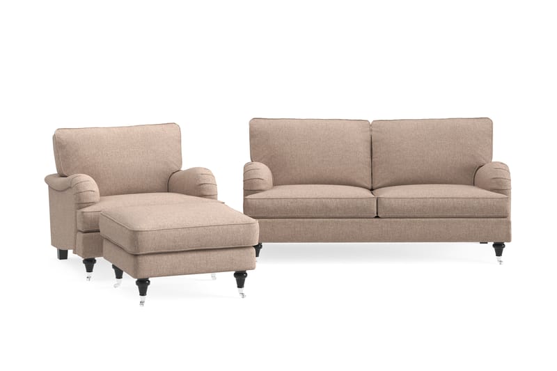 Sofagruppe Oxford Classic 3-seter+Lenestol+Fotskammel - Mørk beige - Howard sofagruppe - Sofagrupper