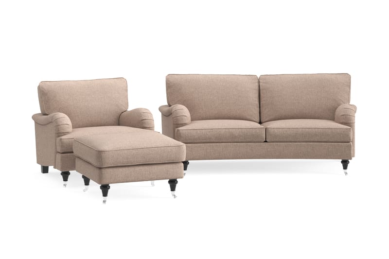 Sofagruppe Oxford Classic Buet 2-seter+Lenestol+Fotskammel - Mørk beige - Howard sofagruppe - Sofagrupper