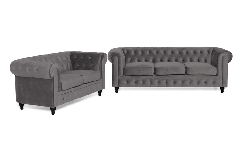 Sofagruppe Walton Lyx 3-seter+2-seter Fløyel - Mørkgrå - Chesterfield sofagruppe - Sofagrupper