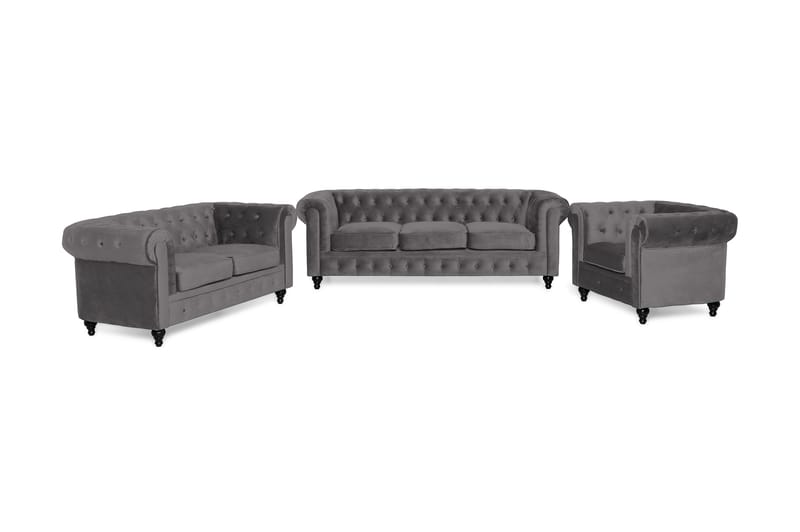 Sofagruppe Walton Lyx 3-seter+2-seter+Lenestol Fløyel - Mørkgrå - Sofagruppe 3 2 1 - Chesterfield sofagruppe - Sofagrupper