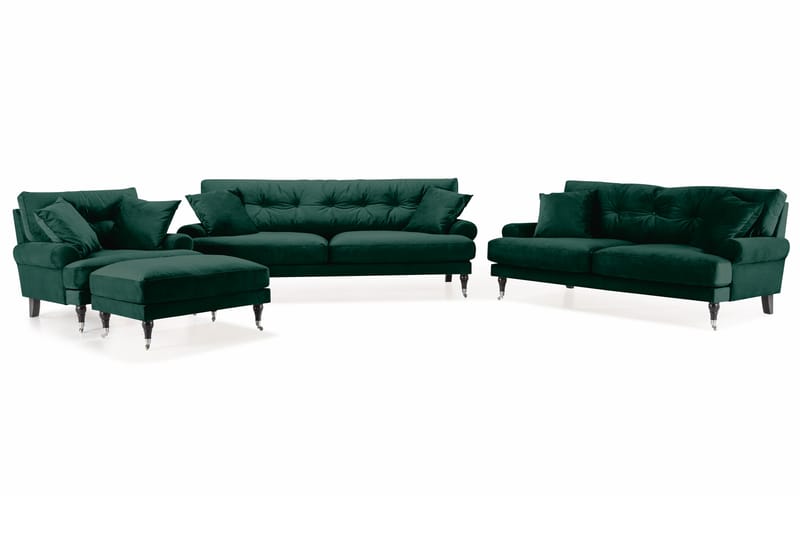 Sofagruppe Webber 3-seter+2-seter+Lenestol+Fotskammel Fløyel - Mørkgrønn|Krom - Howard sofagruppe - Sofagrupper