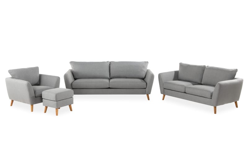 Trend Sofagruppe 3-seter + 2-seter Sofa + Lenestol + Fotskammel i Stoff, Lys grå