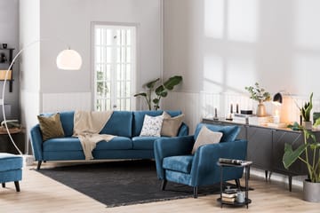 Trend Sofagruppe 3-seters + 2-seters Sofa + Lenestol + Fotskammel i Fløyel - Blå - Møbler - Sofaer - Sofagrupper