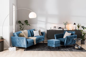 Trend Sofagruppe 3-seters + 2-seters Sofa + Lenestol + Fotskammel i Fløyel - Blå - Møbler - Sofaer - Sofagrupper