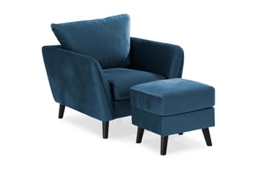 Trend Sofagruppe 3-seters + 2-seters Sofa + Lenestol + Fotskammel i Fløyel - Blå - Møbler - Sofaer - Sofagrupper