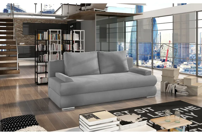 Crespos 2-seter Sovesofa 140x200 cm med Oppbevaring i Plysj, Grå