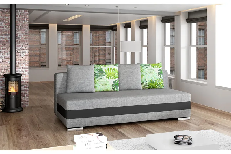 Karolez 3-seter Rektangulær Sovesofa med Bladmønstrede Puter i Stoff, Lysegrå