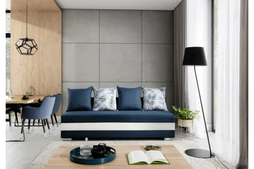 Karolez 3-seter Rektangulær Sovesofa med Bladmønstrede Puter i Stoff - Blå|Hvit - Møbler - Sofaer - Sovesofaer - 2 seters sovesofa
