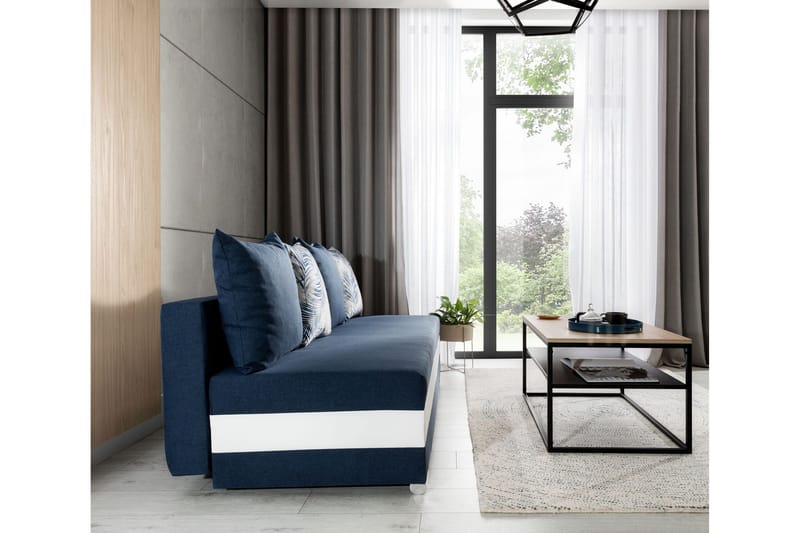 Karolez 3-seter Rektangulær Sovesofa med Bladmønstrede Puter i Stoff - Blå|Hvit - Møbler - Sofaer - Sovesofaer - 2 seters sovesofa