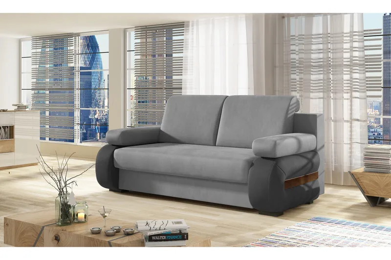 Madrido 2-seter Sovesofa 142x196 cm med Oppbevaring og Kontrastarmlene i Stoff, Grå