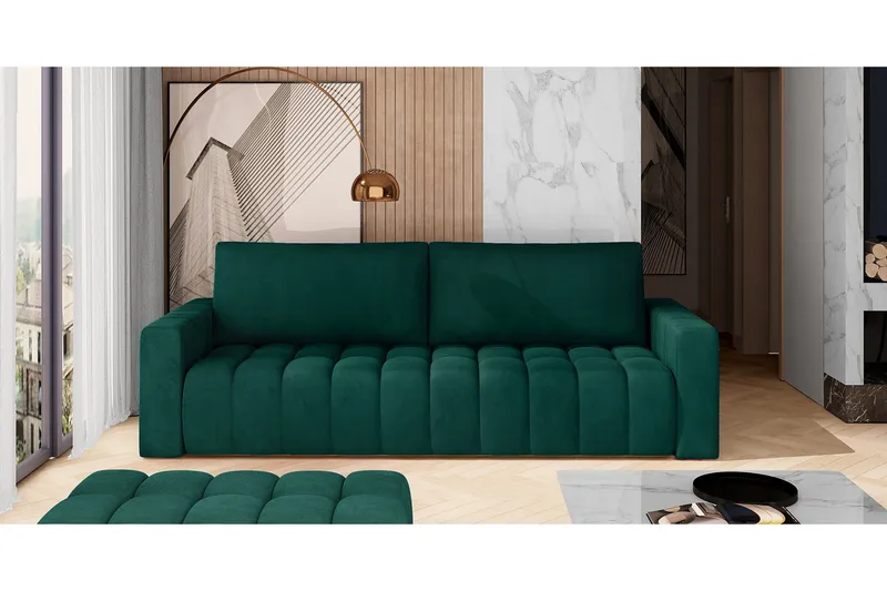 Alazaro 3-seter Sovesofa 125x197 cm med Oppbevaring i Plysj, Grønn