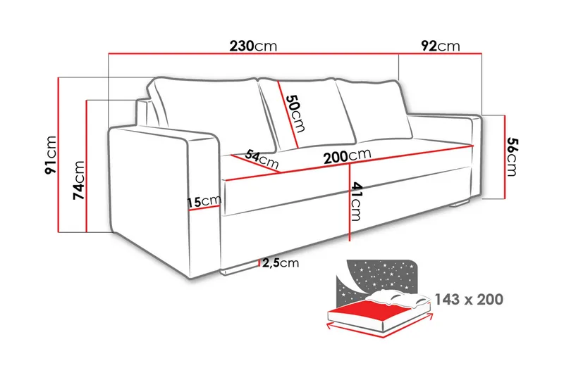 Beno Sovesofa 230x92x91 cm - Møbler - Sofaer - Sovesofaer - 3 seters sovesofa