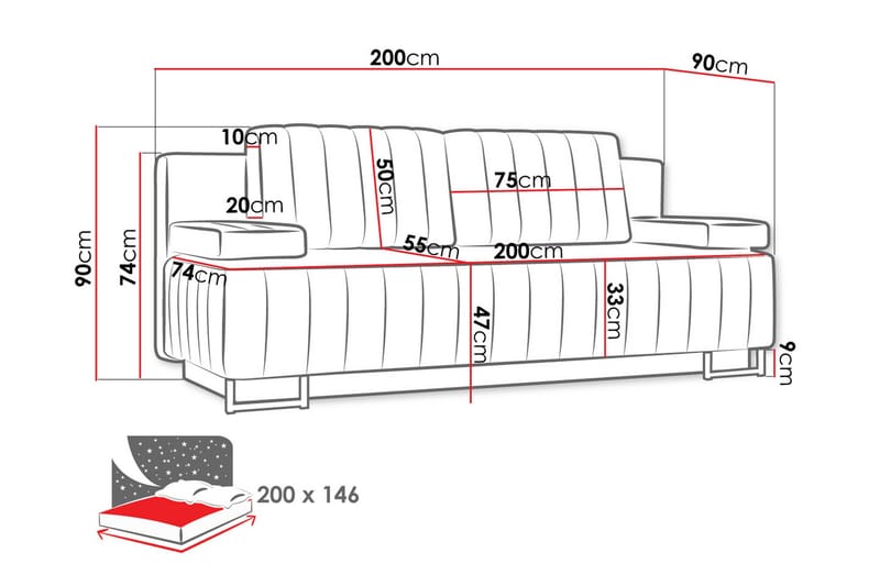 Bonsall 3-seter Sovesofa 146x200 cm med Oppbevaring i Stoff - Grå - Møbler - Sofaer - Sovesofaer - 3 seters sovesofa