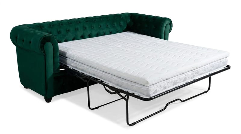 Chesterfield Lyx 3-seters framoverutslått sovesofa med HVILA overmadrass 140x200 cm polyesterskum med vaskbart trekk - Grønn - Møbler - Sofaer - Sovesofaer - 3 seters sovesofa