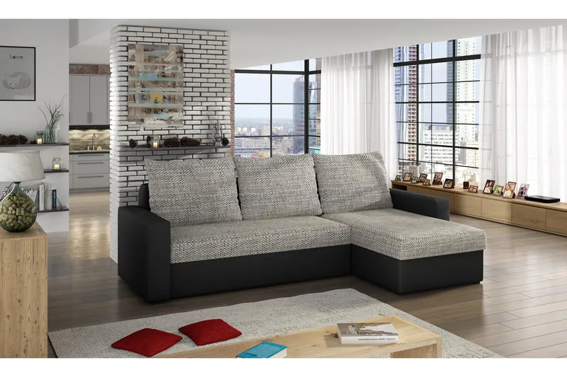 Eguino 3-seter Høyre Sovesofa 125x195 cm med Oppbevaring i Stoff, Lysgrå Melert