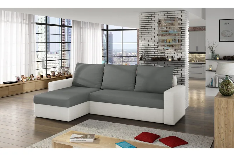 Eguino 3-seter Venstre Hjørnesovesofa 125x195 cm med Oppbevaring i Stoff, Mellomgrå